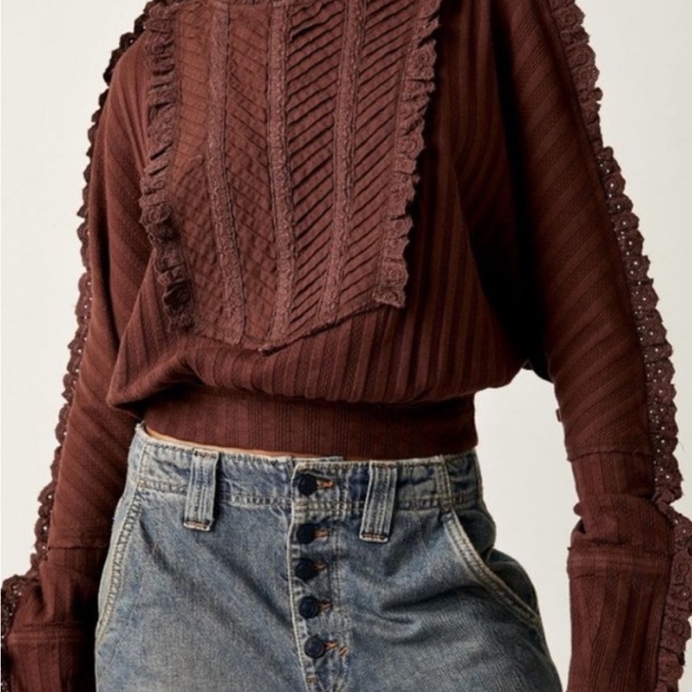 🍓Free People 🍓Brown Lace-Trimmed Sweater - Picture 5 of 14
